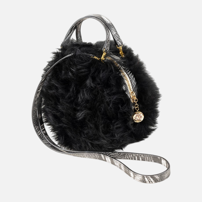Borsa rotonda in pelle e pelo di pecora nera