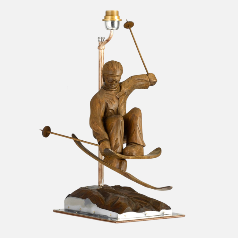 Lampada sciatore in legno con peltro