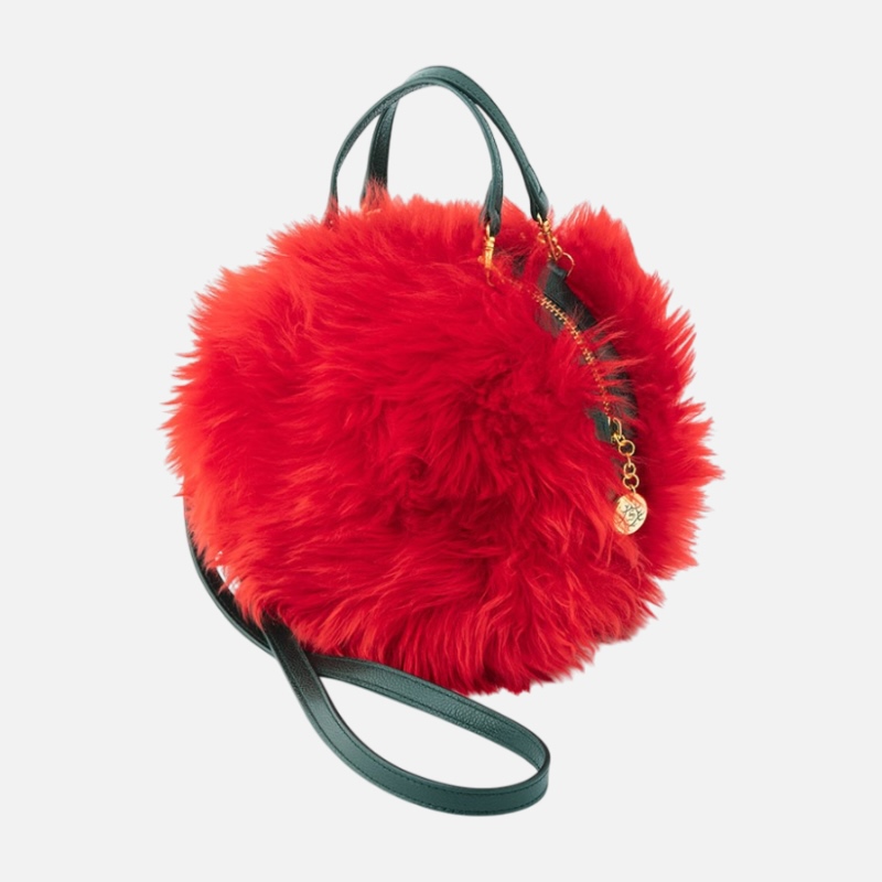 Borsa rotonda in pelle e pelo di pecora rossa