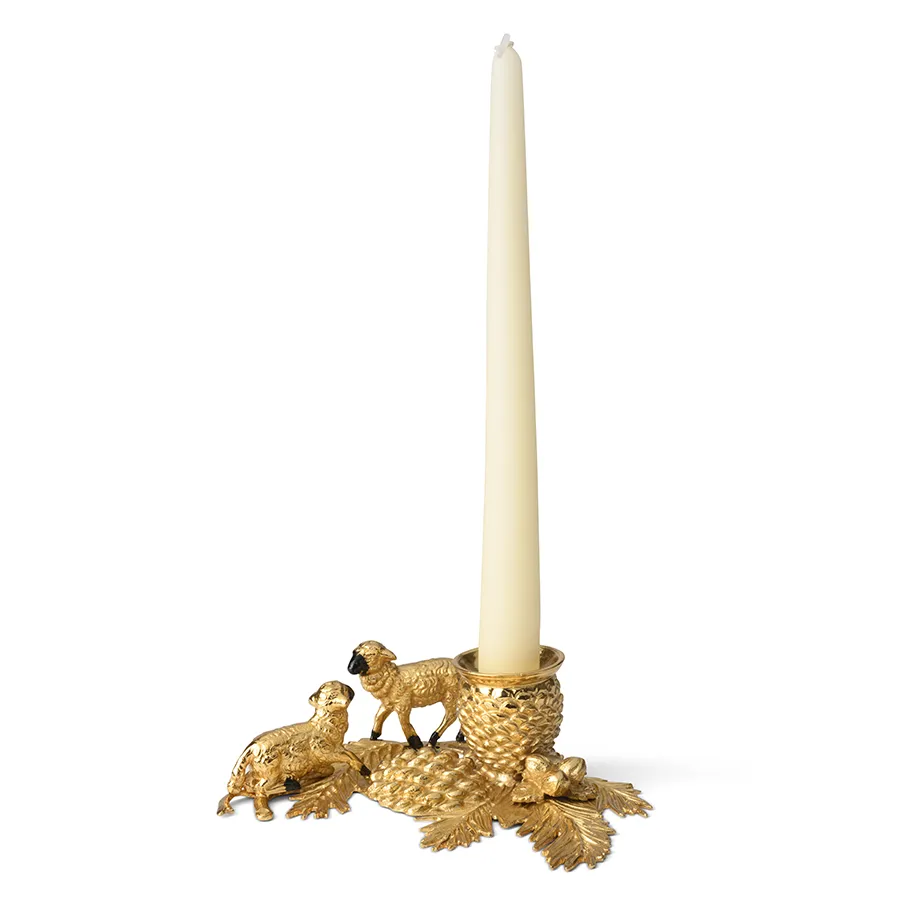 Elegant hand-painted gilded pewter candle holder - With figures of sheep and pine cones
