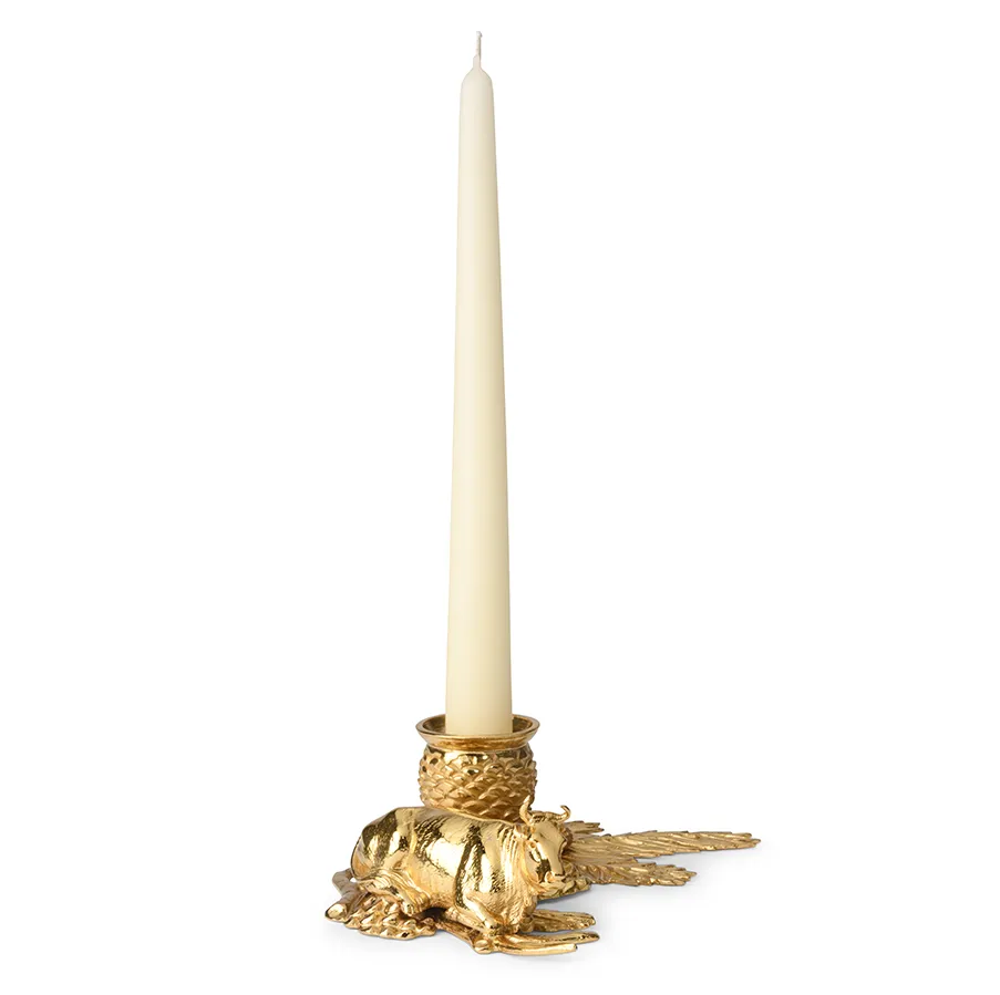 Elegant hand-painted gilded pewter candle holder - With cow figure and pine cones