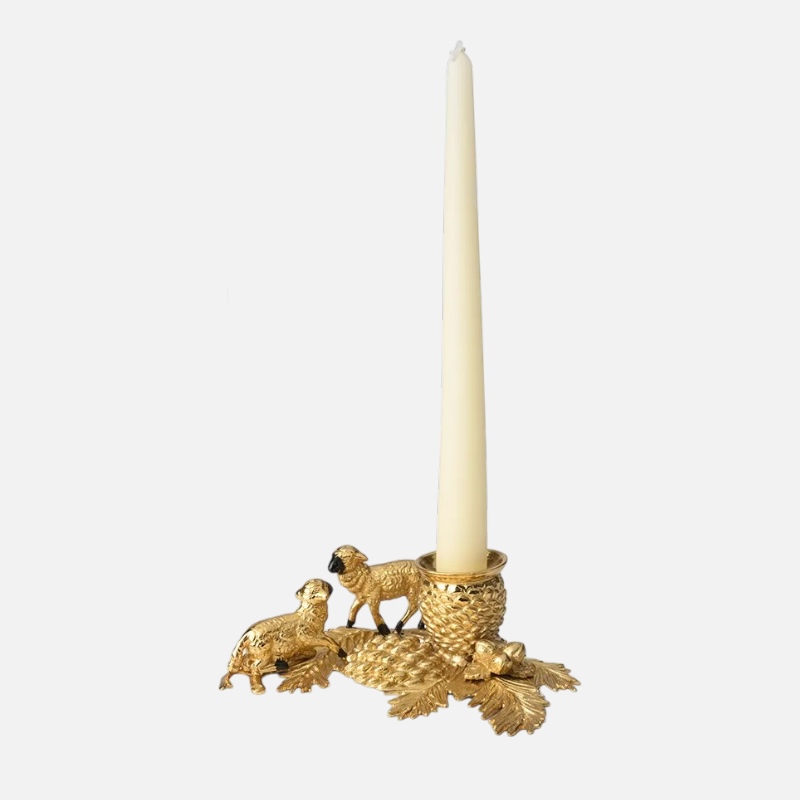 Elegante portacandele in peltro dorato dipinto a mano