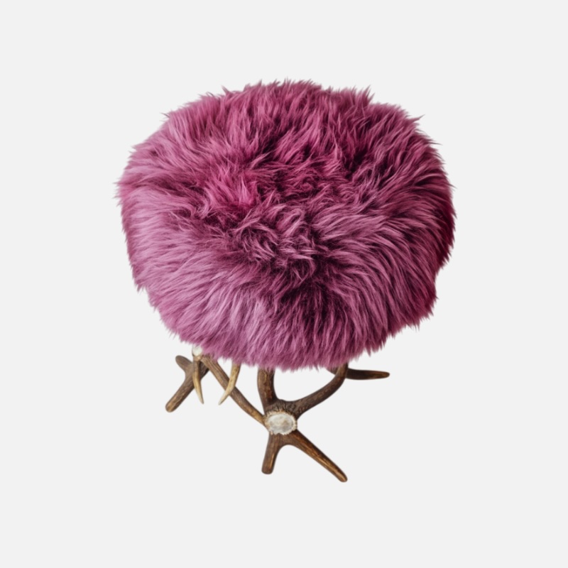Stool made of genuine purple sheepskin with horns